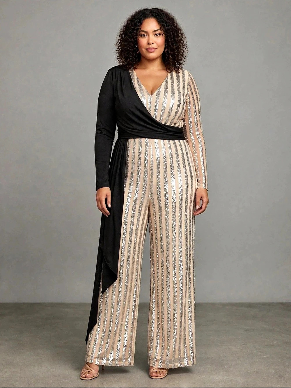 Xpluswear Colorblock Sequin Jumpsuit Black Champagne Silver Asymmetrical 1X Plus